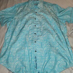 Robert Graham Shirt Men's XL New Garden Short Sleeve Teal Blue Geometric Pa